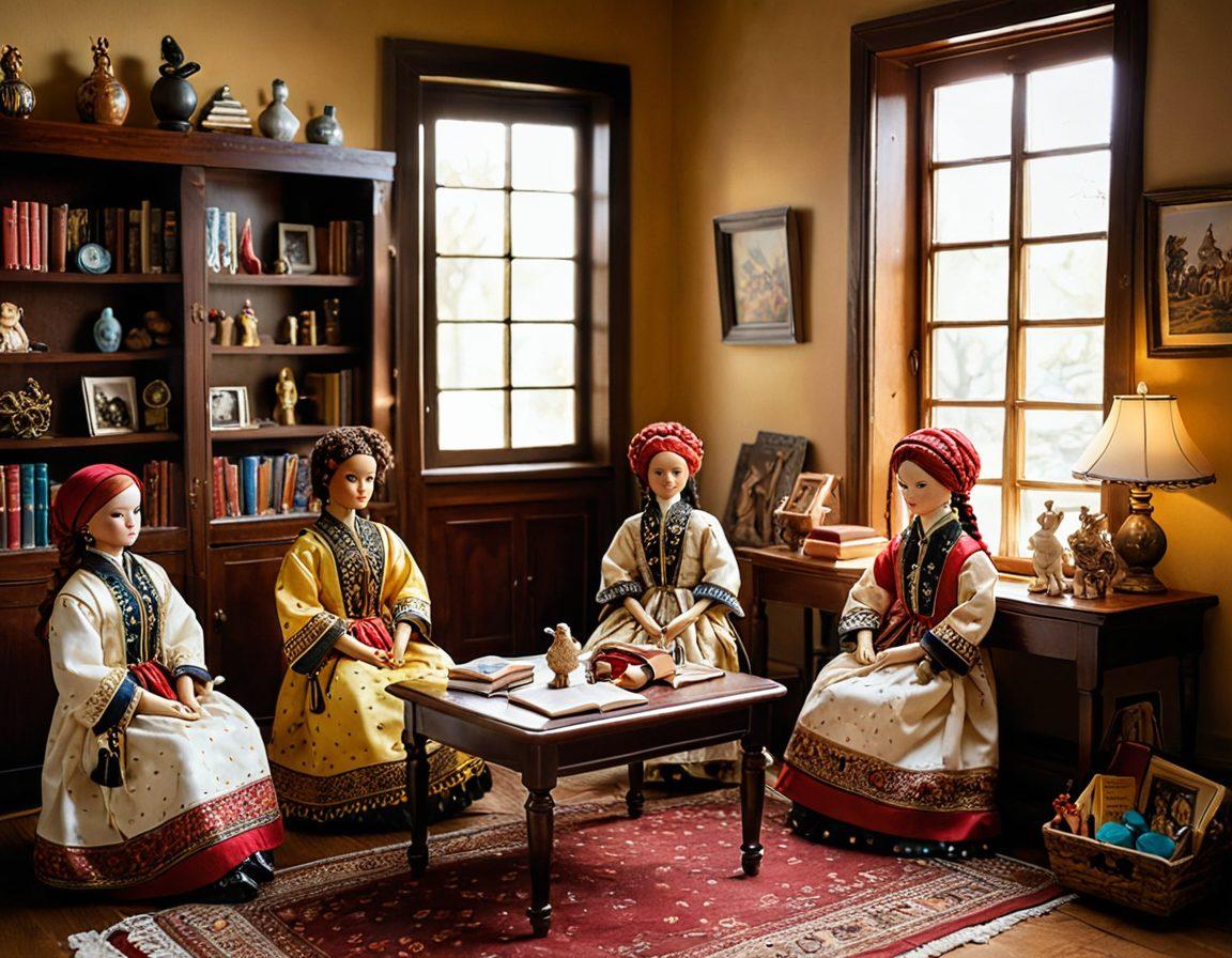 A cozy room filled with an array of beautifully crafted dolls from various cultures, showcasing diverse styles and outfits. Soft sunlight filters through a window, casting warm tones on a display table with a few dolls in high detail, surrounded by art supplies, books about doll history, and engaging people sharing stories. Emphasize a sense of community and passion for collecting. vibrant colors. super-realistic.