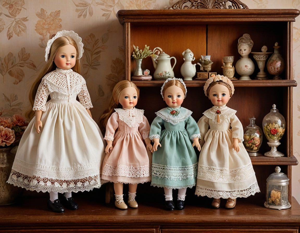 An intricately designed collection of vintage grandmother dolls and collectible figures, showcasing various unique styles and outfits. The dolls are placed on a wooden shelf filled with nostalgic memorabilia like old photographs and lace doilies, with a soft, warm light illuminating the scene. The background features a cozy, rustic room embellished with vintage decor. The overall atmosphere evokes warmth and sentimentality. painting. vibrant colors. warm lighting.