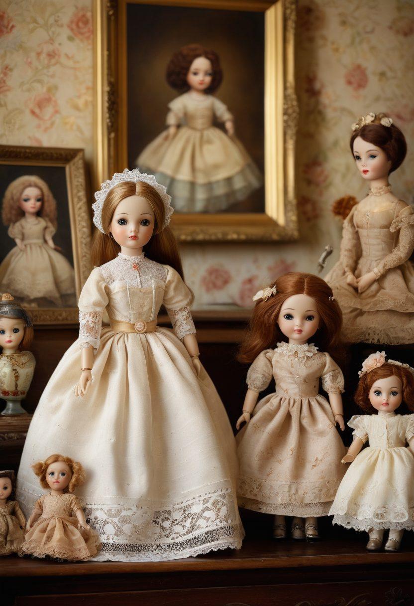 A beautifully arranged display of retro and artisanal dolls throughout different eras, showcasing their unique styles and craftsmanship. Include a vintage background with elements of nostalgia, such as old photographs and trinkets. Use soft lighting to create a warm, inviting atmosphere. The foreground features a variety of intricately designed dolls that reflect their historical significance. oil painting. warm colors. textured background.
